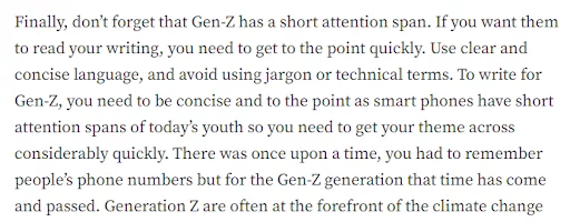 A screenshot of a poorly written article about Gen Z, ironically using rambling, jargon-heavy language to advise writers to be concise — an example of how not to write for a younger audience