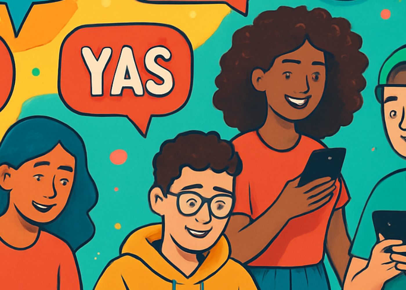 Illustration of four young people using smartphones with colourful speech bubbles