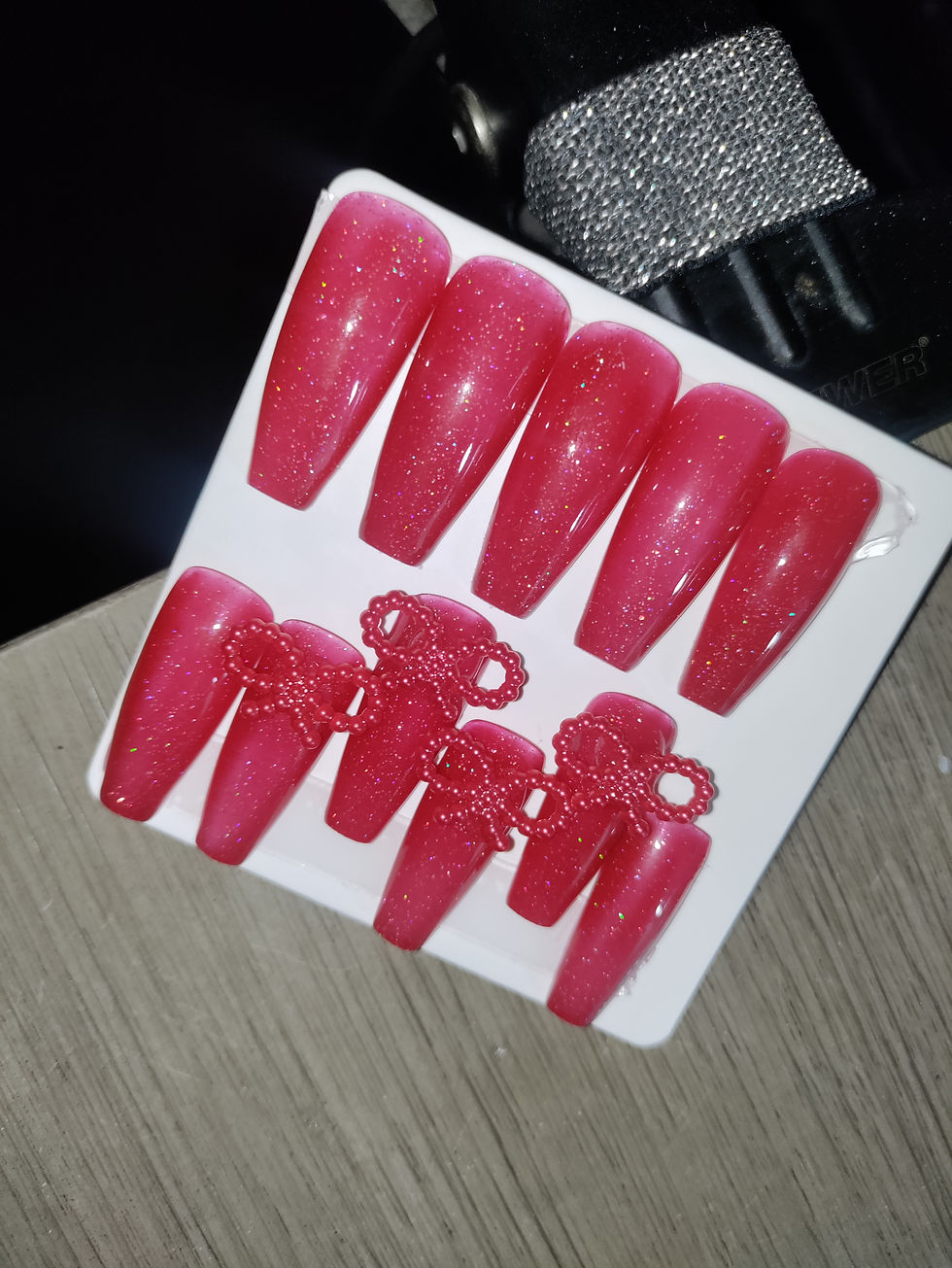 Long coffin sparkly red w/bow charms