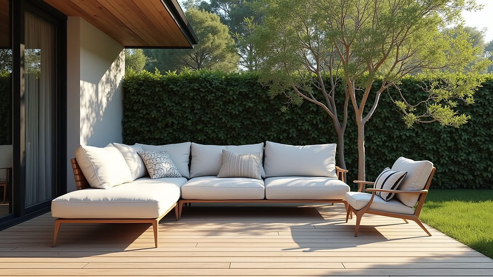 Wide angle view of a modern garden corner sofa set placed near a wooden deck