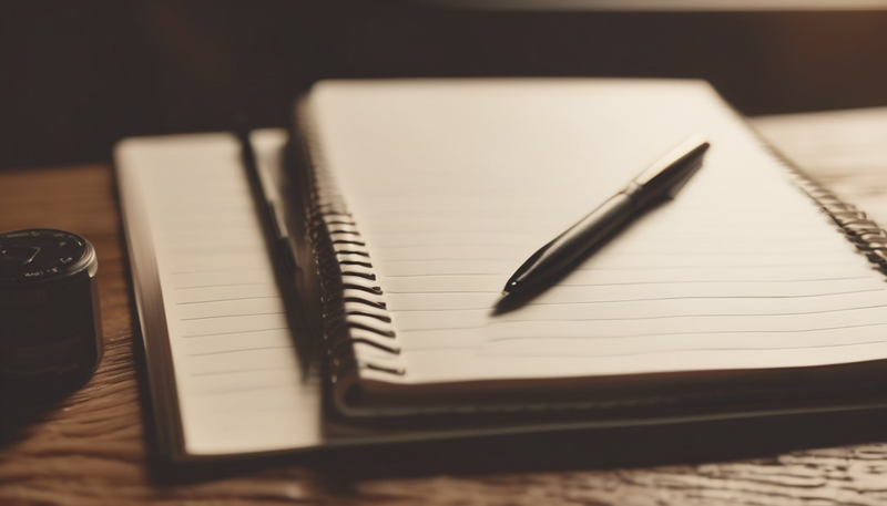 open notebook with pen lying diagonally across blank page
