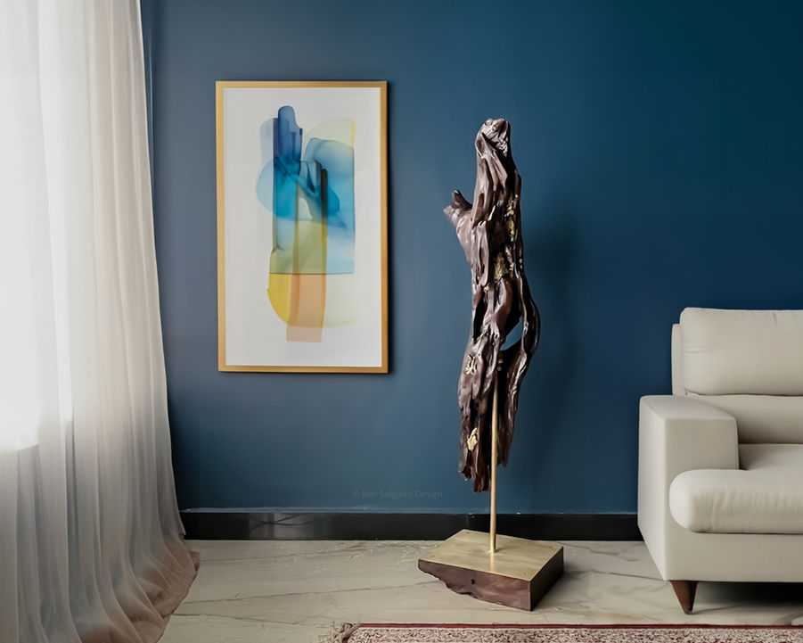 Driftwood floor lamp with molten brass accents