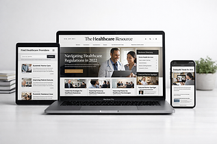 Healthcare industry website displaying editorial articles and featured content on a digital platform