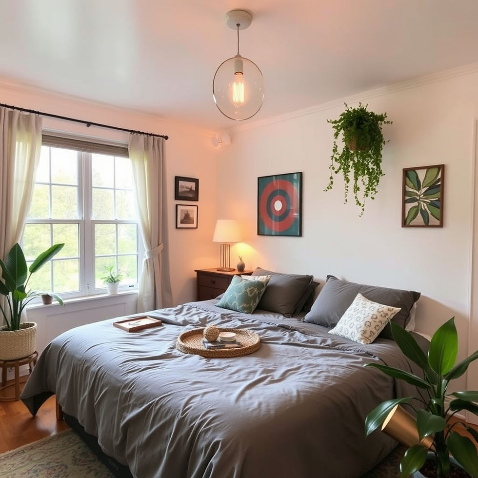 Dormitorio luminoso y acogedor con cama gris, plantas, lámparas y cuadros; ventana con cortinas y ambiente tranquilo.