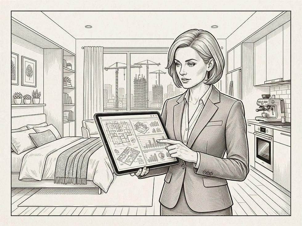 WSJ editorial engraving illustration of a modern Airbnb property inspection: host with tablet reviewing a clean contemporary apartment, cross‑hatched shading, thin ink lines, monochrome palette, analytical and professional tone, subtle newsprint background, emphasis on real estate growth and market sophistication.