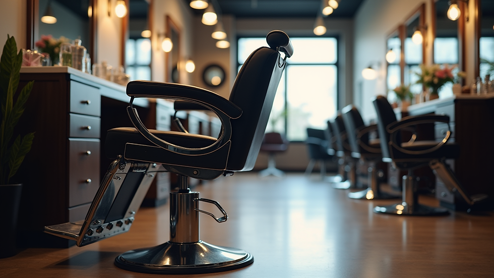Eye-level view of a modern barber chair in a sleek salon