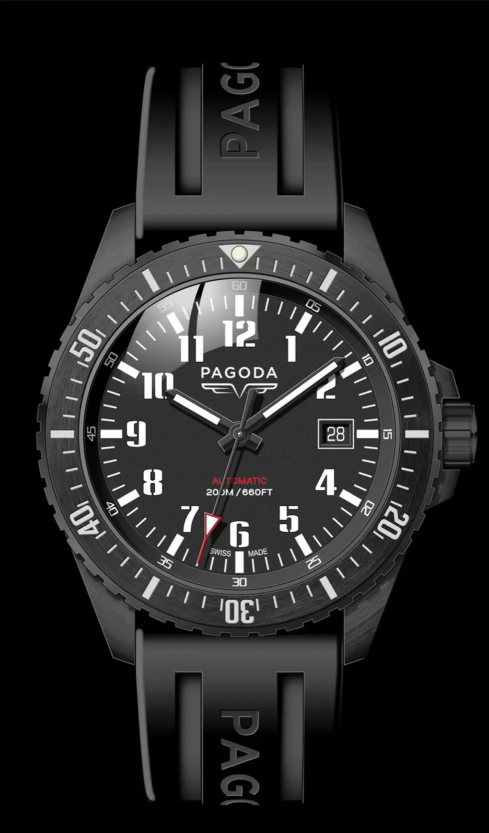 Pagoda Tactical 2 Bravo watch with black dial, luminous markers, GUN PVD stainless steel case, and black rubber strap.