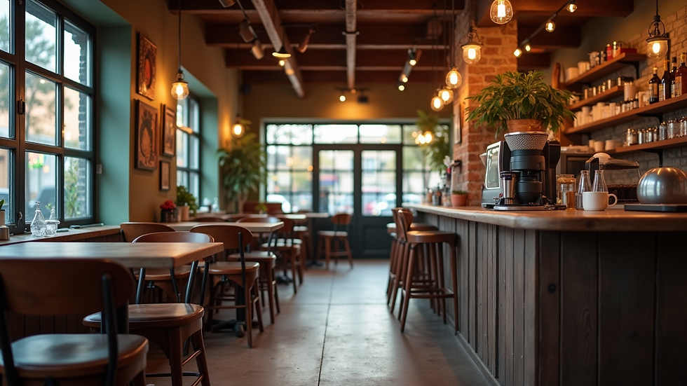 Eye-level view of a veteran-owned coffee shop interior with rustic decor