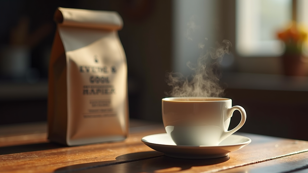 Close-up view of a steaming cup of coffee on a rustic table with a UK veteran coffee bag in the background