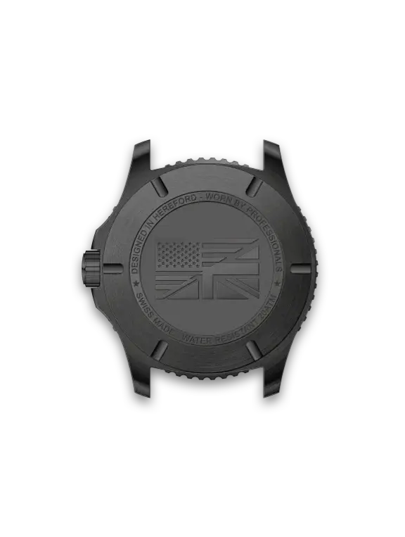 Close-up of tactical military watch with luminous hands and black PVD-coated case on rugged wrist.