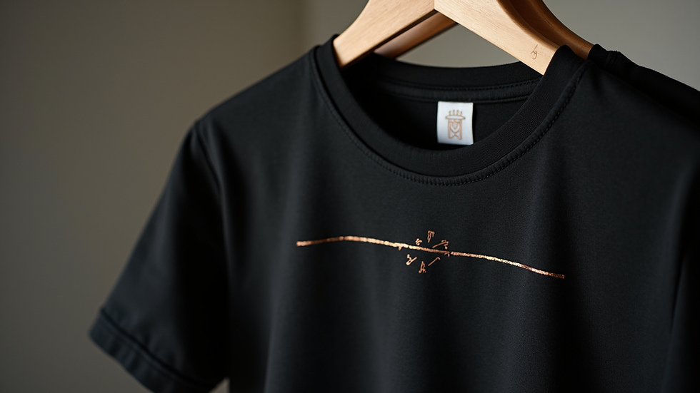 Eye-level view of a black t-shirt with bold graphic design on a hanger