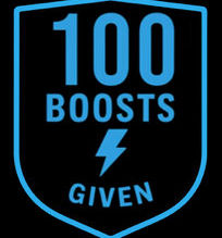 Blue shield-shaped badge on black background, displaying "100 Boosts Given" with a lightning bolt symbol, conveying achievement.