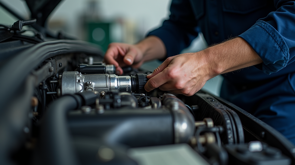 Close-up view of a mechanic inspecting a car's transmission