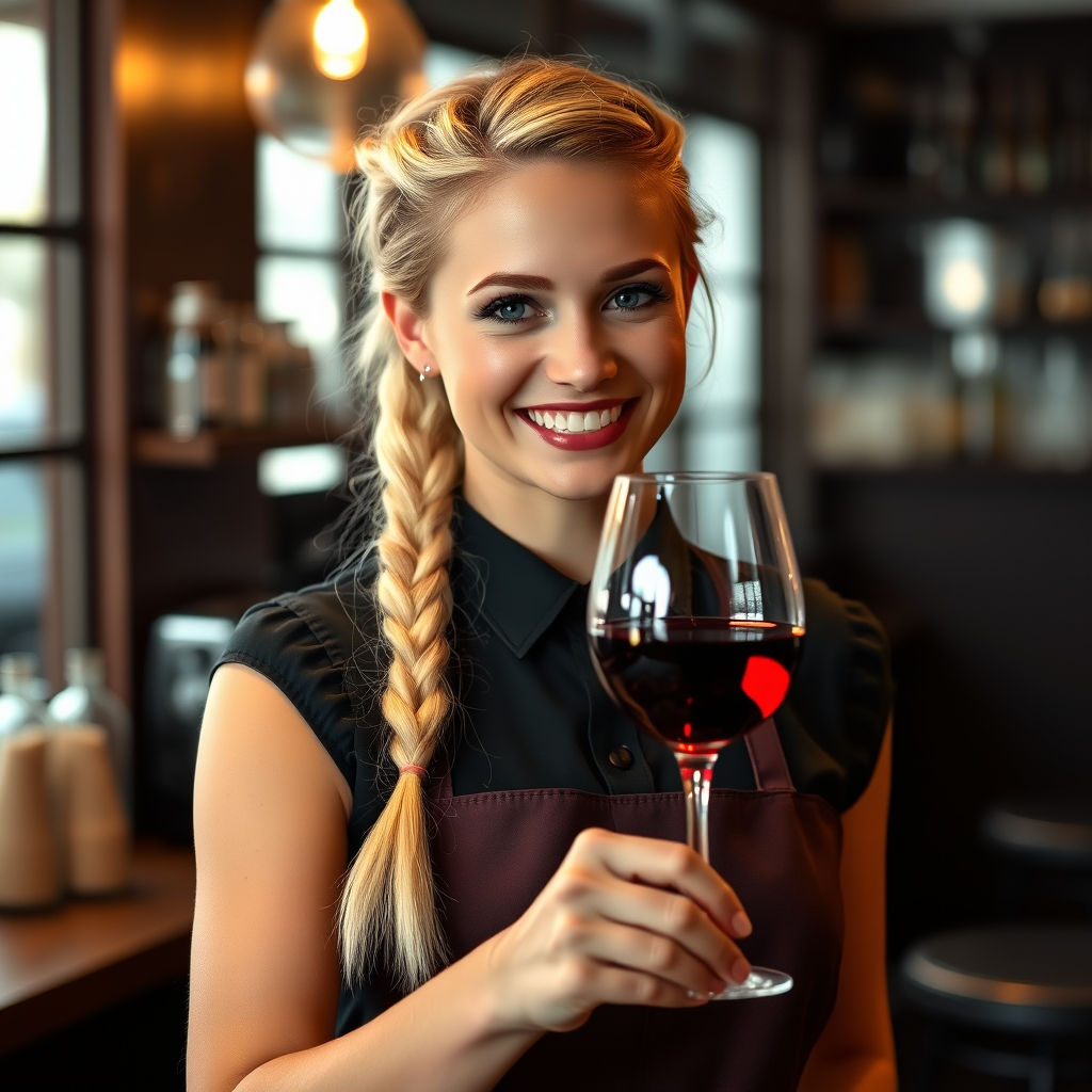 A beautiful blonde female server with a great smile, hair braided, serving a glass of red 