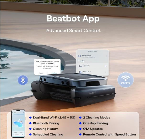 Beatbot iSkim robotic pool skimmer app with scheduling cleaning history and one-tap parking