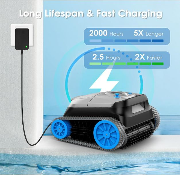 NIXBOT QP5B cordless robotic pool vacuum charging beside pool