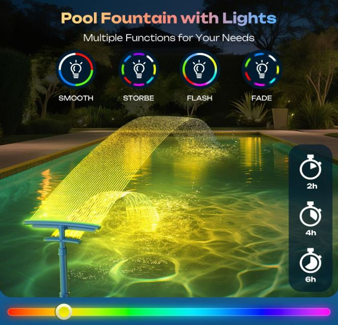 TAOQQI solar pool fountain with multiple LED lighting modes and timer settings