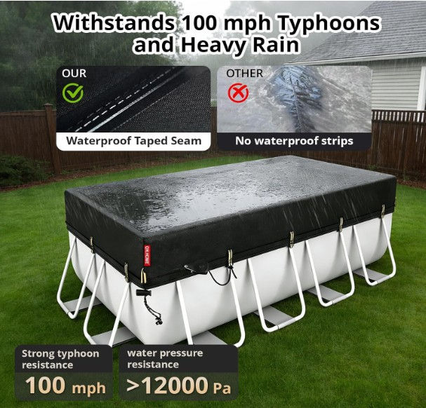 QH.HOME rectangular winter cover secured over an above-ground pool in rain and wind