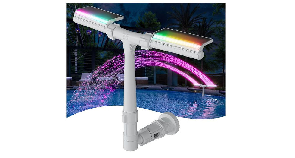 POOLHACKER solar pool fountain with LED lights spraying water into a pool at night
