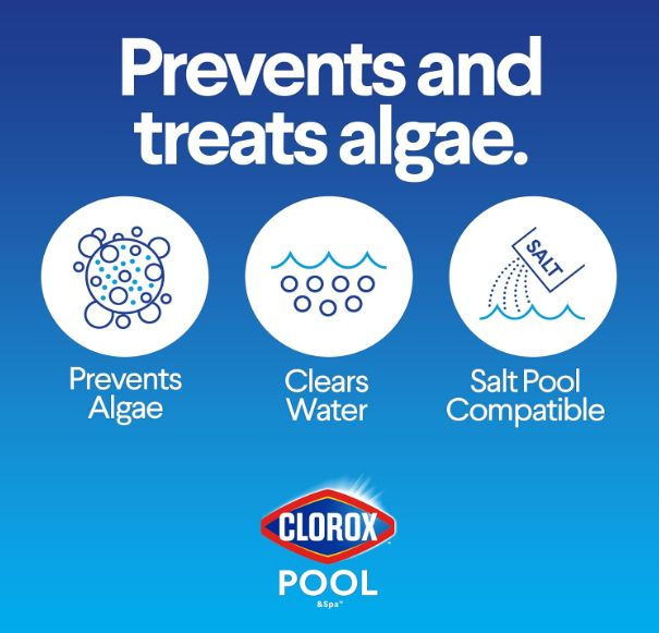 Clorox Pool and Spa Algaecide and Clarifier prevents algae, clears water, and is salt pool compatible