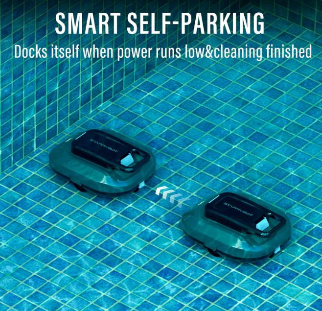 Starrybot cordless robotic pool vacuum using smart self-parking near the pool edge