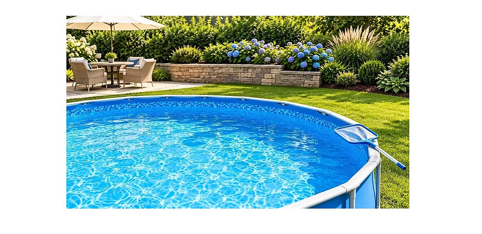 Above-ground swimming pool filled with clear blue water and cleaning equipment beside it, showing that routine cleaning does not require draining