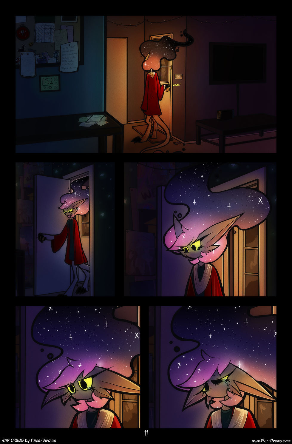 Page 11
	Panel 1: We see a bit more of Anilah's small house, peeking a bit into her living room and kitchen. Anilah deadlocks the door.
	Panel 2: She opens the door to her bedroom, staring at the ground.
	Panel 3: Anilah looks to the side, her eyes begin to well up with tears .
	Panel 4: Anilah then looks ahead as she begins to process the events that night.
	Panel 5: A tear rolls down as Anilah faces denial.

