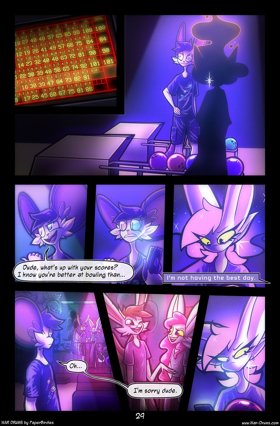 Page 29
          Panel 1: The scoreboard shows the tenth and final round coming to a close. Skyler just got a spare and Anilah is last up.
         Panel 2: Skyler stands next to the ball dispensers, looking contently at the scoreboard. Anilah approaches him.
	Panel 3: Skyler smiles and points back at the board with his thumb and says “Dude, what’s up with your scores? I know you’re better at bowling than this.”
	Panel 4: Skyler looks back at Anilah as her phone is held up to him, his expression quickly changes. It reads “I’m not having the best day.”
	Panel 5: Anilah expression looks dark as she looks down. “Oh…”
	Panel 6: Skyler looks over at Caden and Thel. “I’m sorry dude.”
Panel 7: Caden and Thel are leaning over the railing talking, blushing, and laughing.
	Panel 8: Anilah looks back with apprehension all over her face.
