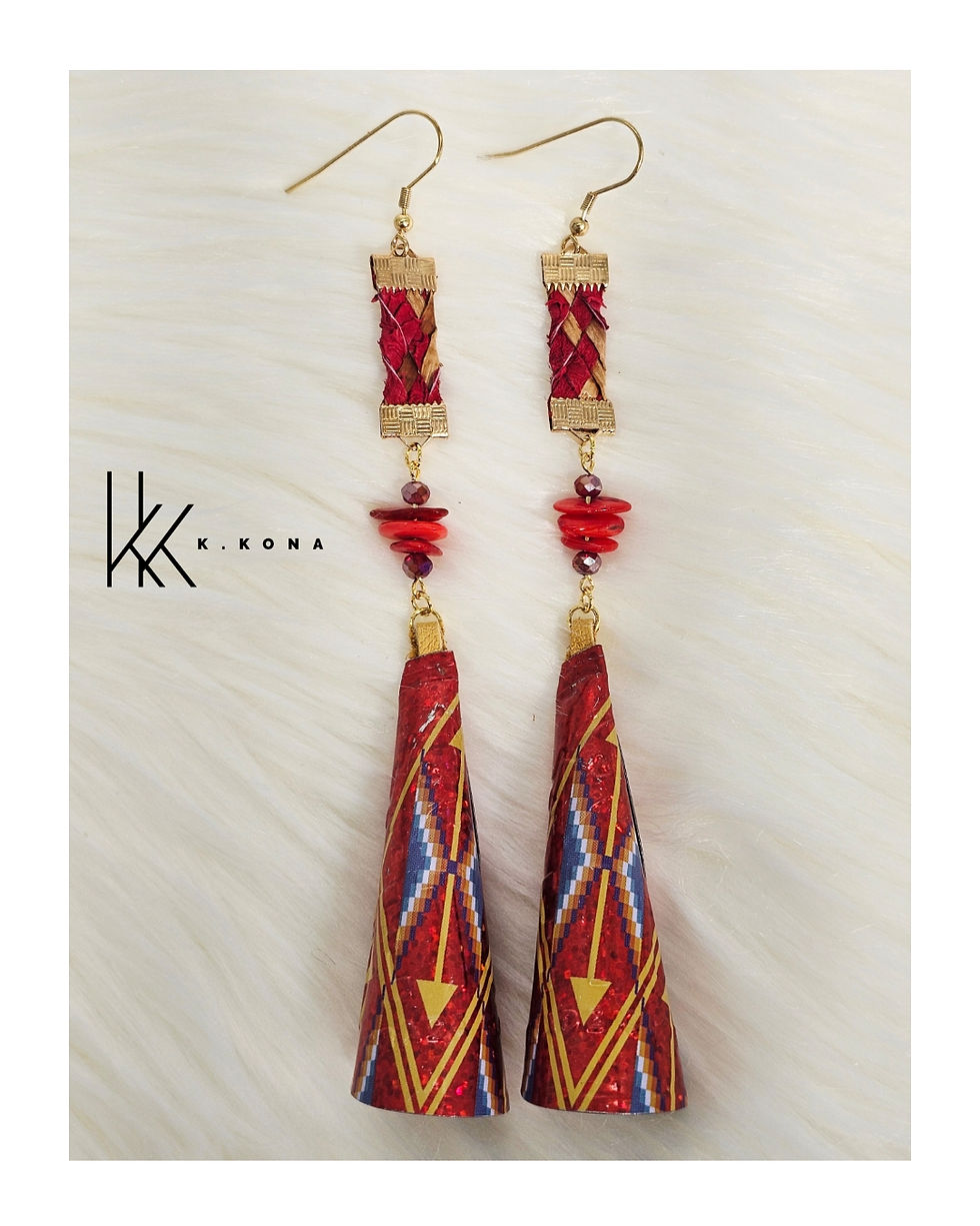 Thumbnail: Mixed Materials: cedar, red salmon skin leather, beads, jingle cones