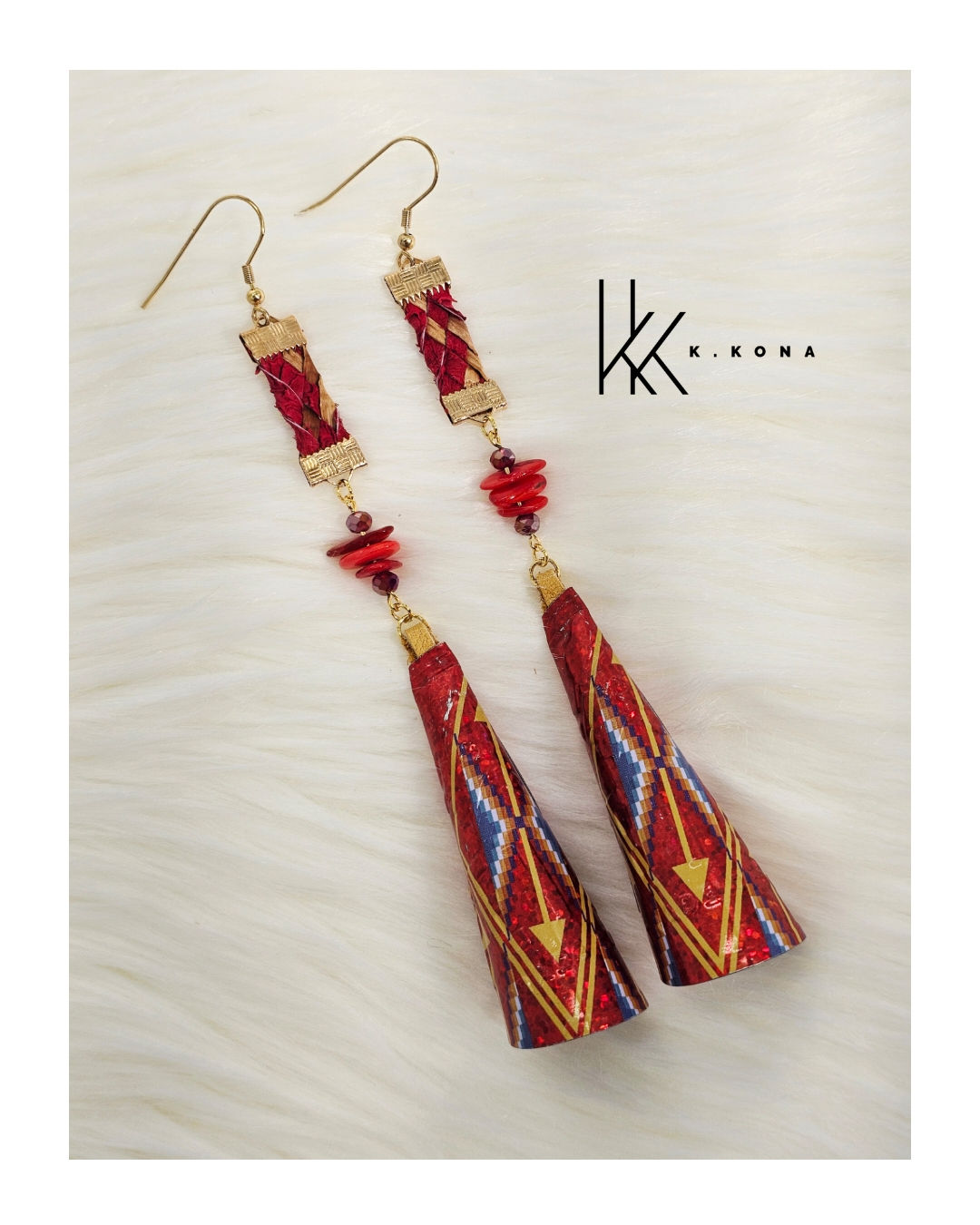 Cedar, red salmon skin, beads & jingle cones