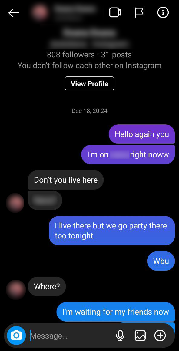 Inviting a girl to come over on Instagram