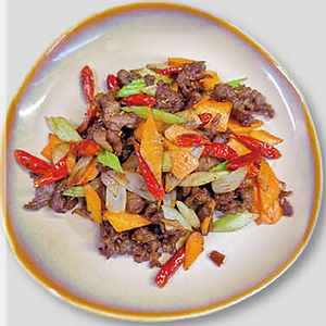 Wok fried dried lamb with vegetable