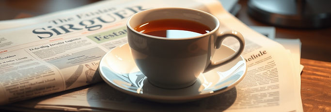 newspaper in English and cup of tea on a desk.jpg