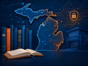 Michigan with circuit designs, complimented by books and a library building.