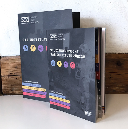 Gestaltung, Satz, Bildbearbeitung, Produktionskoordination, Studienbroschüre, Übersichtsbroschüre, SAE Institute Zürich