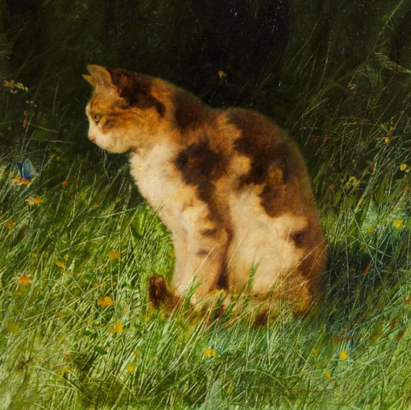 Miniaturbild: Antique Cat Painting "Cat with Butterfly in a Meadow" Arthur Heyer 1872-1931