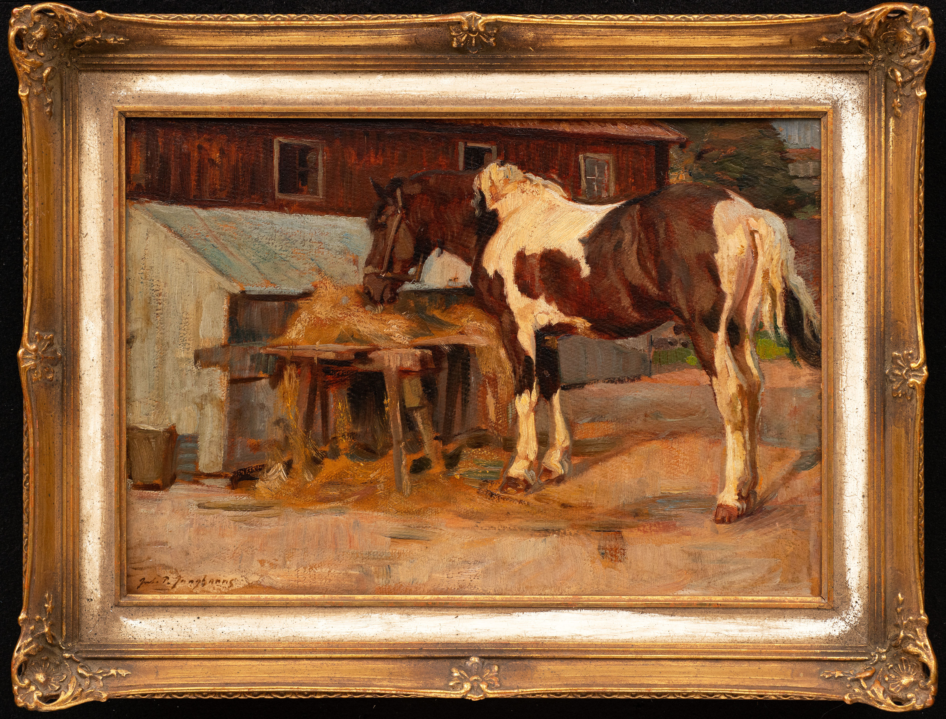Horse Painting: "Horse at Stable with Hay" -Julius Paul Junghanns (1876-1958)