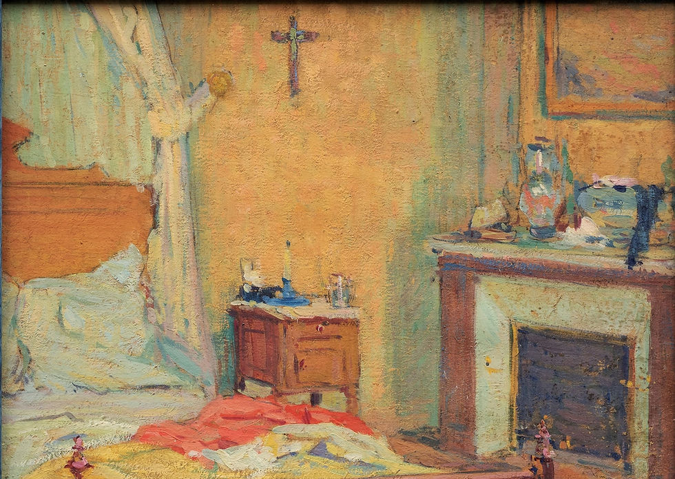 Thumbnail: "Interior with Bed, Table & Fireplace 1918" by Ricardo Gomez-Gimeno (1892-1954)