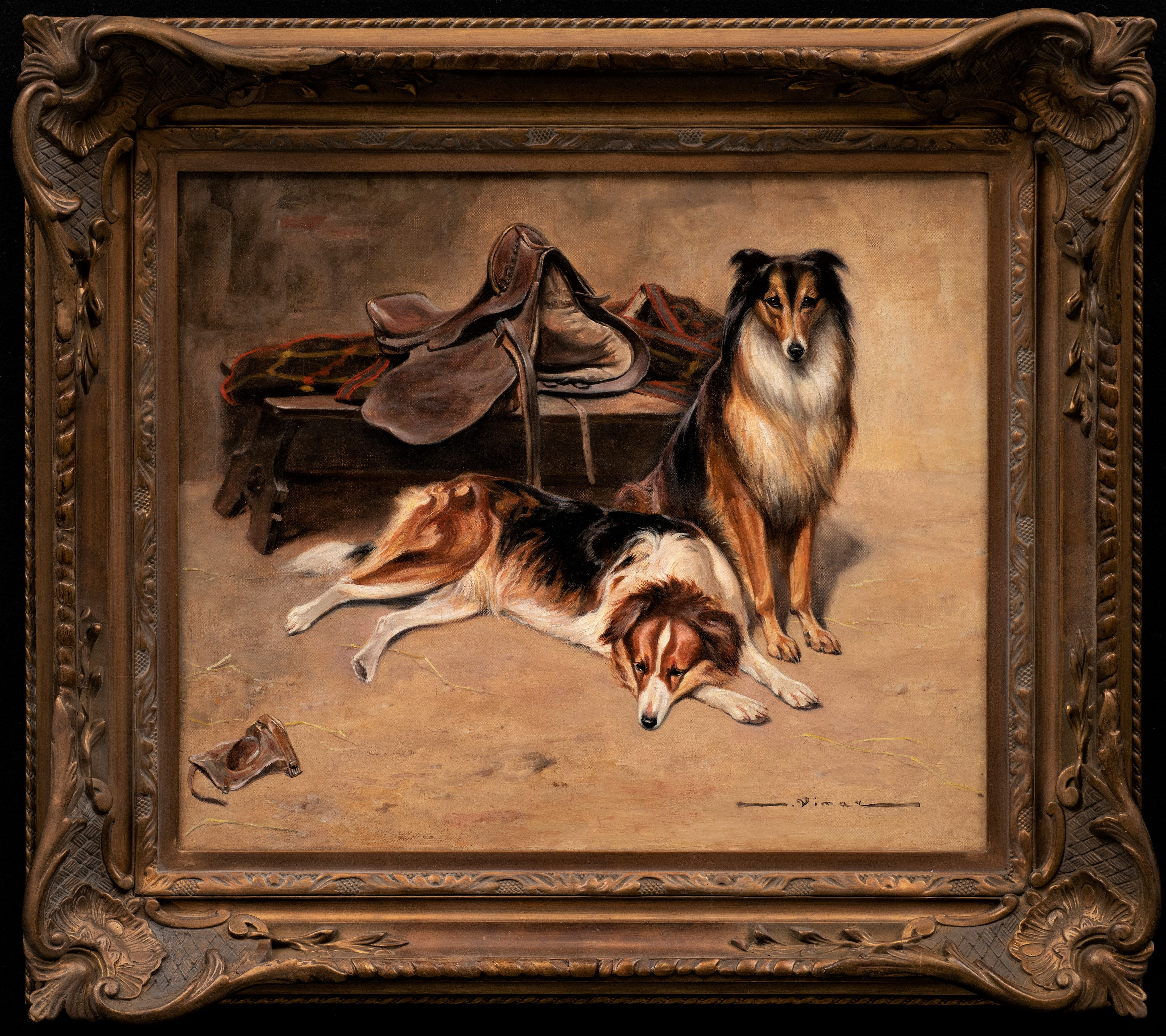 Collies in Horse Stable w/ Saddle and Blanket; Auguste Vimar (French 1851-1916)