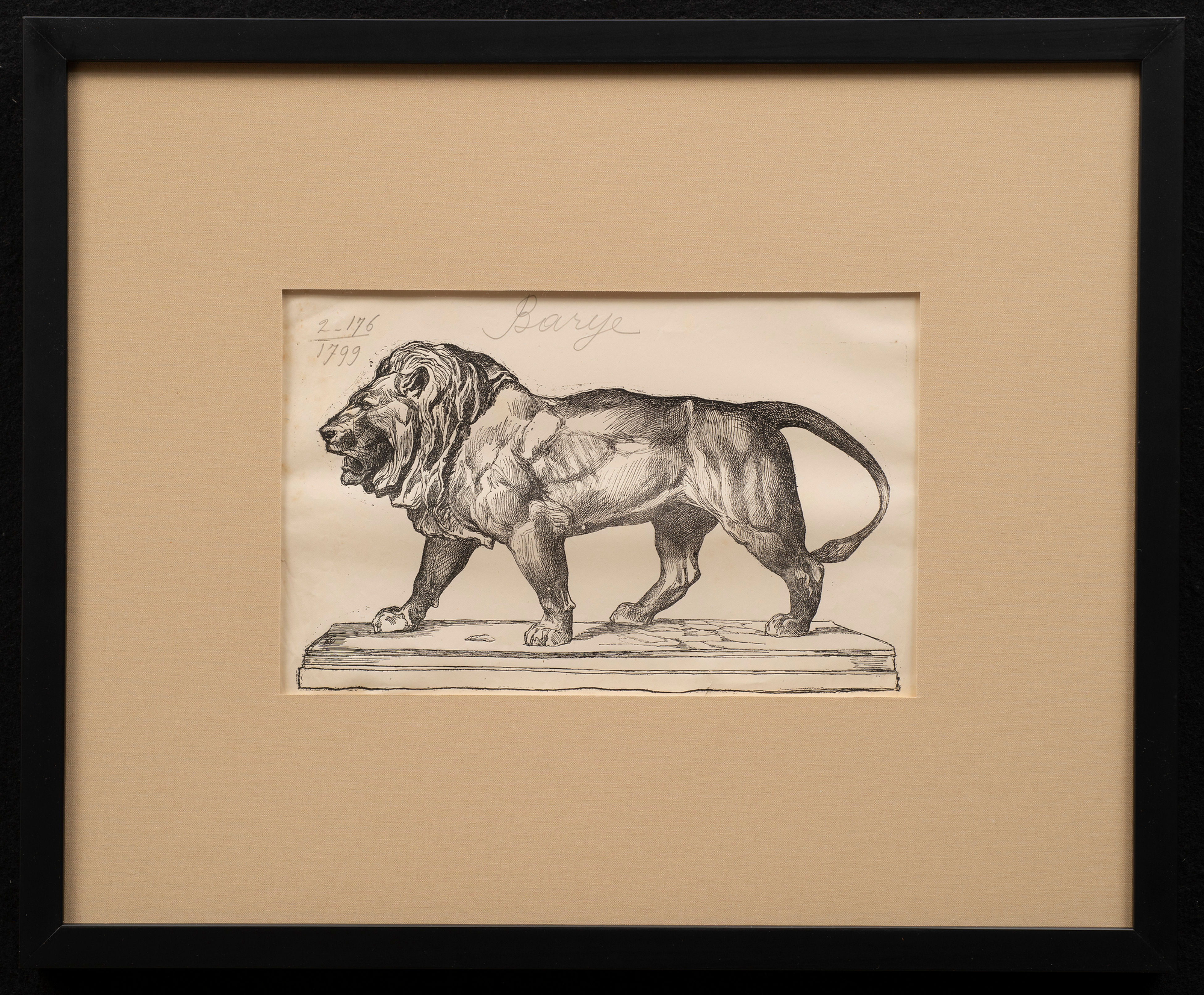Antoine Louis-Barye "Walking Lion" Engraving by Firmin Gillot ca. 1870