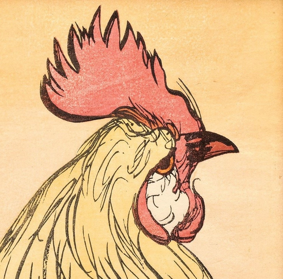Thumbnail: Rooster Portrait-Woodblock Print circa 1910 by Prosper Alphonse Isaac
