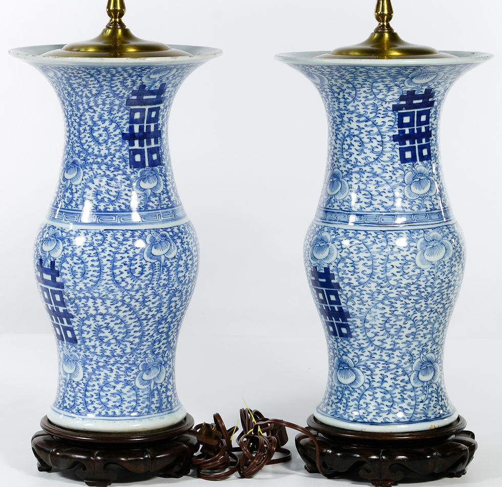 Thumbnail: A Pair of Chinese Blue and White Table Lamps "Phoenix Tail" or "Yen Yen" Vases