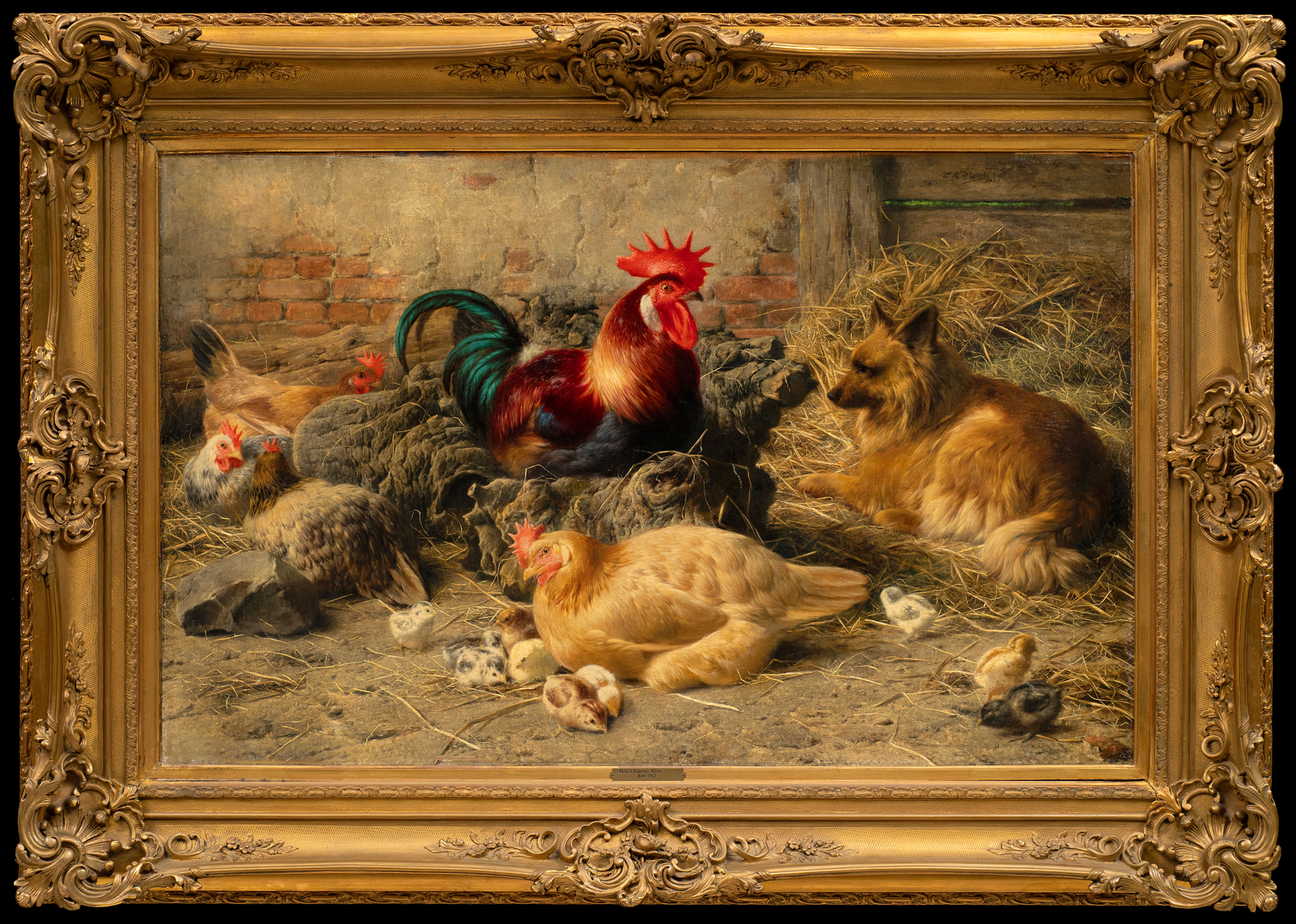 "Dog Guarding Rooster and Chickens"  Eugène Rémy Maes (Belgian, 1849-1931)