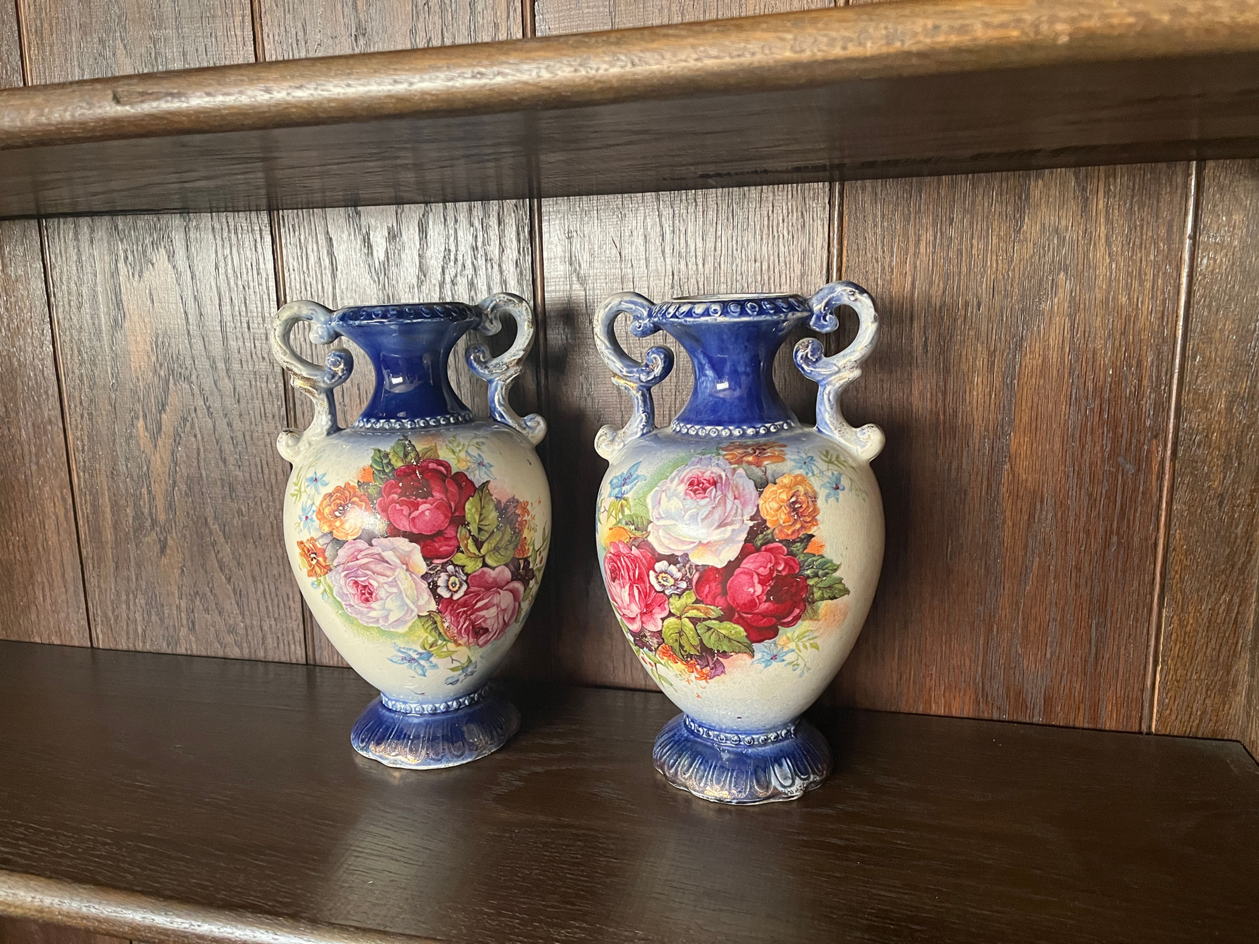 Pair of Vintage Wild & Adams mantel vases, Blue floral