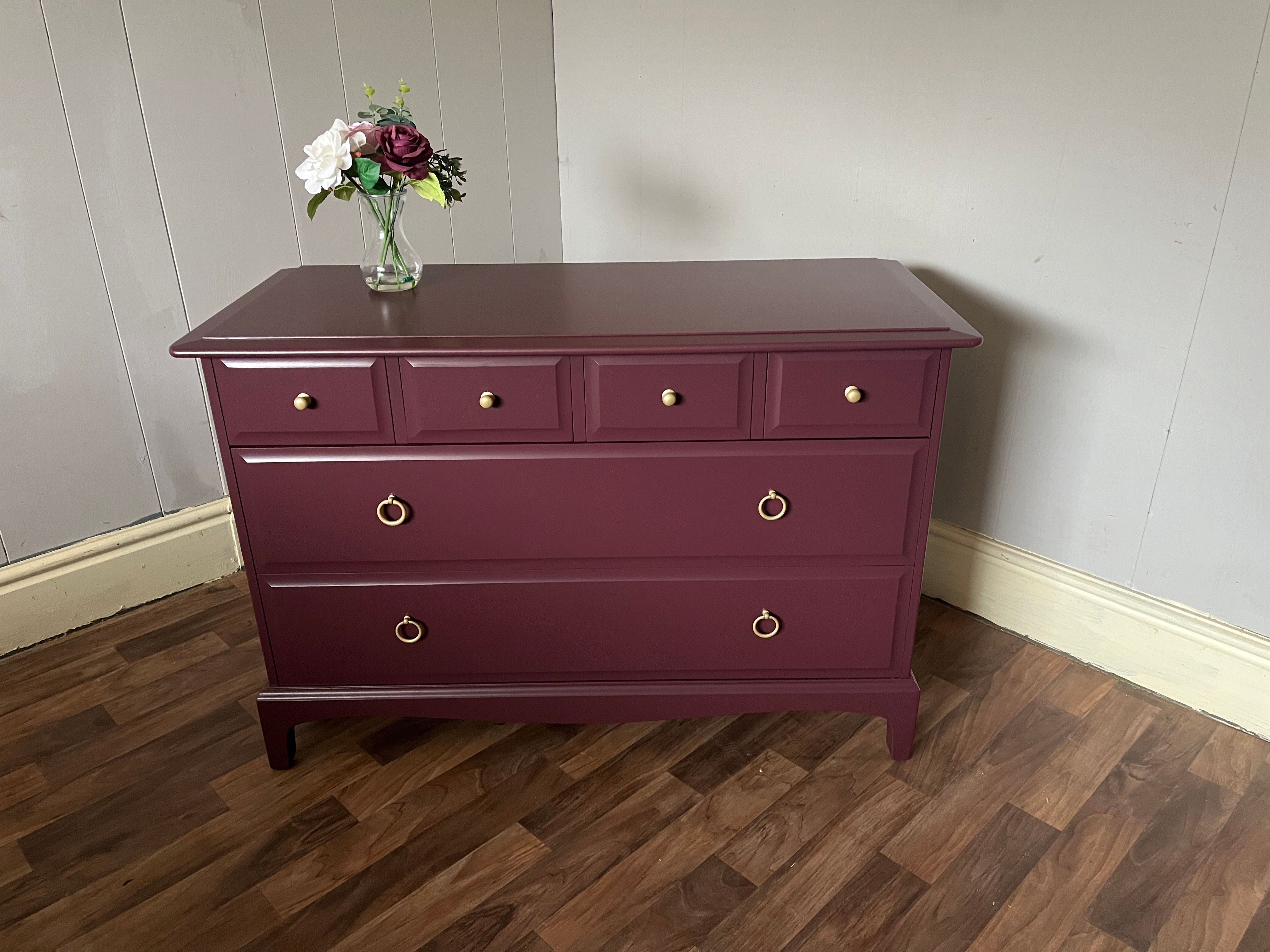 Chest of drawers, vintage Stag Minstrel spray painted in Mulberry