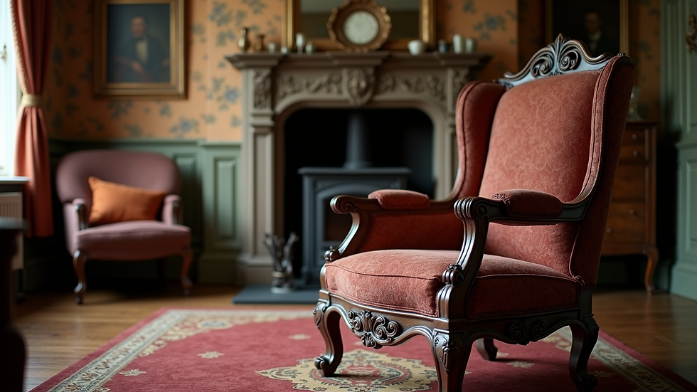 Eye-level view of a Victorian carved wooden armchair in a cosy living room
