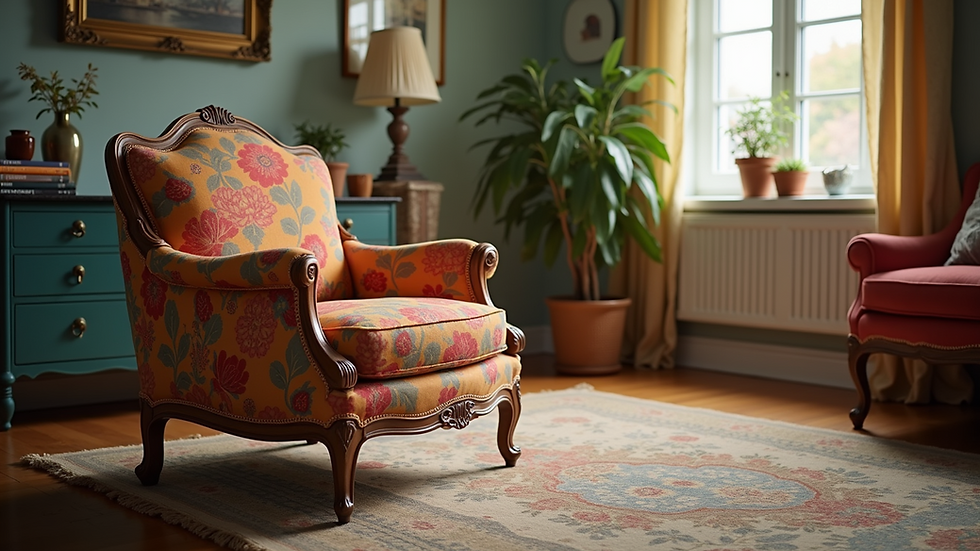 Eye-level view of a beautifully refurbished vintage chair with vibrant upholstery