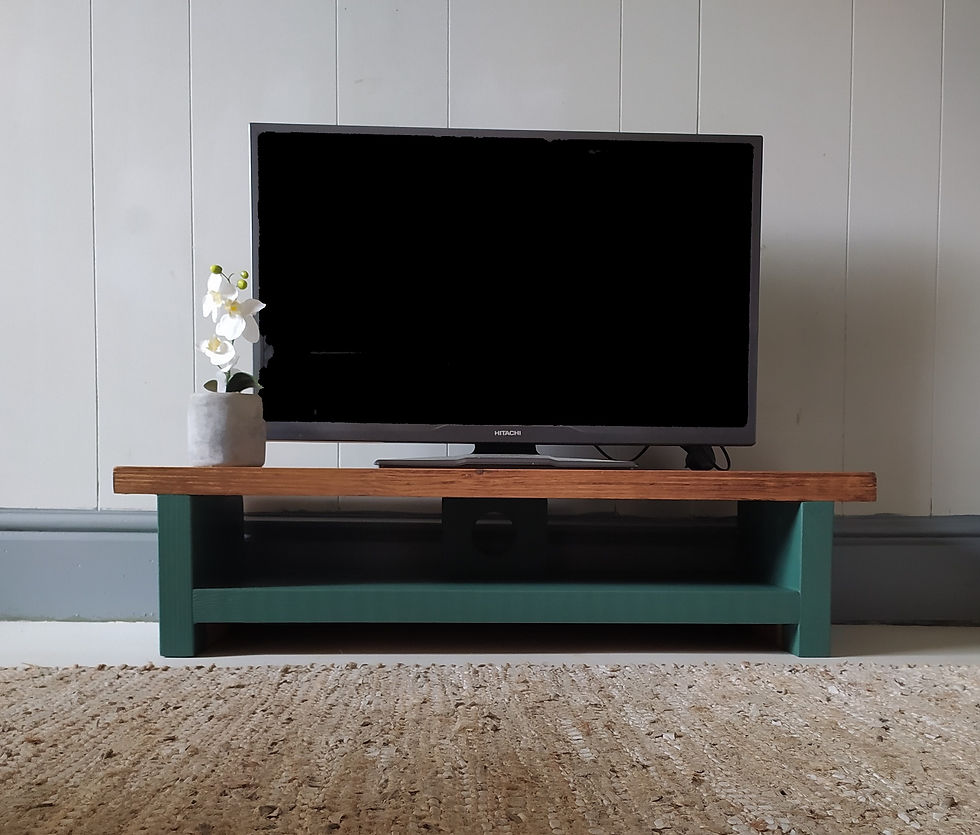 630 Very low rustic tv stand finished in Ottilie Green Red Cottage