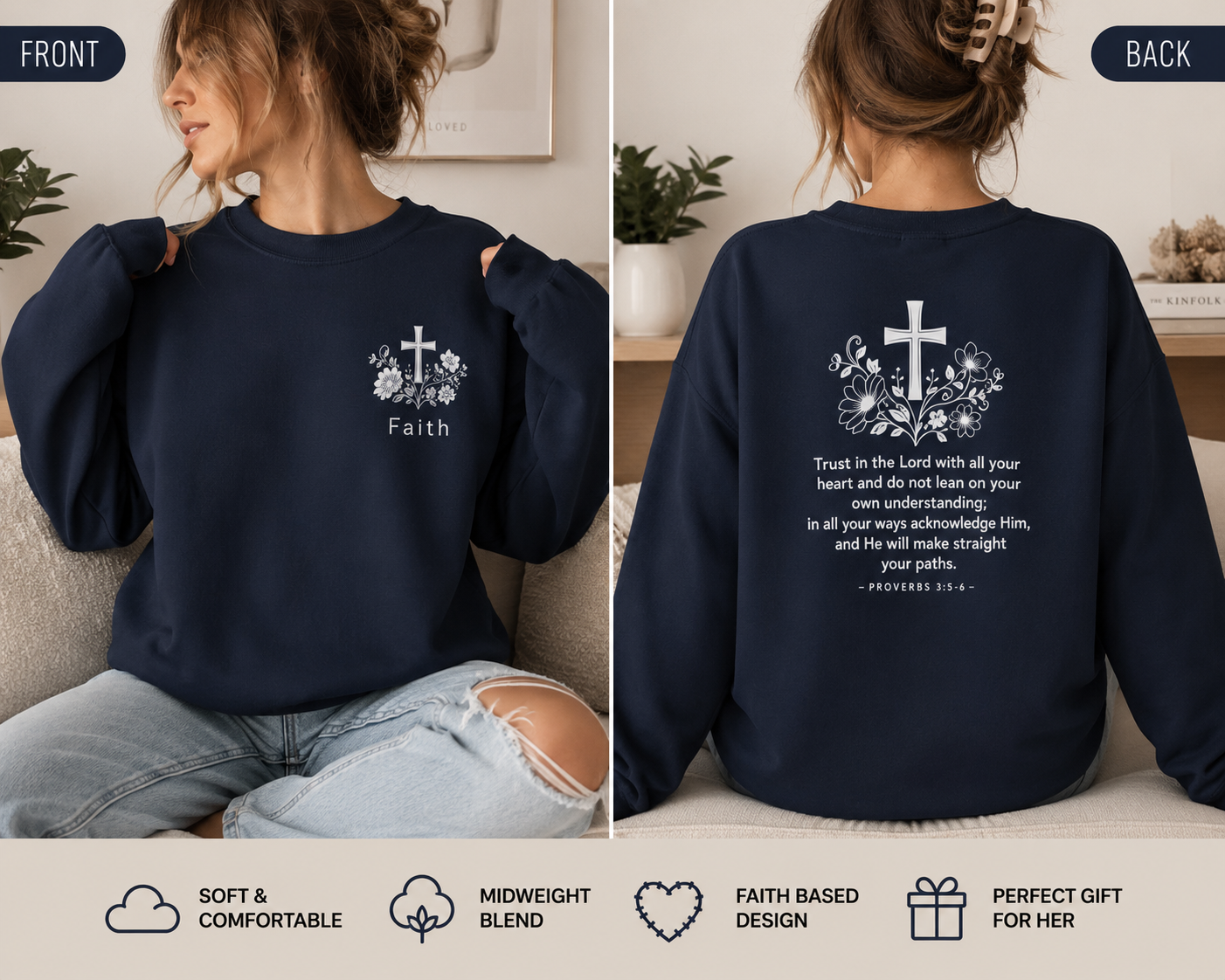 Faith Cross Floral Sweatshirt — Proverbs 3:5 Inspirational Crewneck