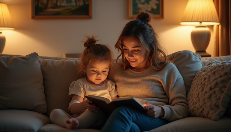 Eye-level view of a mother and child reading together on a cozy sofa
